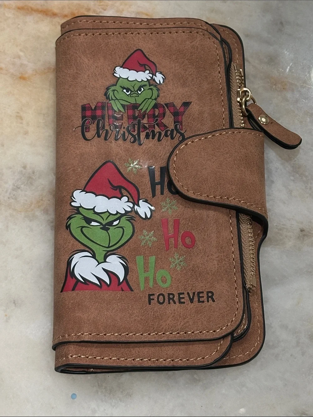 Grinch Holiday Zip Wallet - Brown Faux Leather